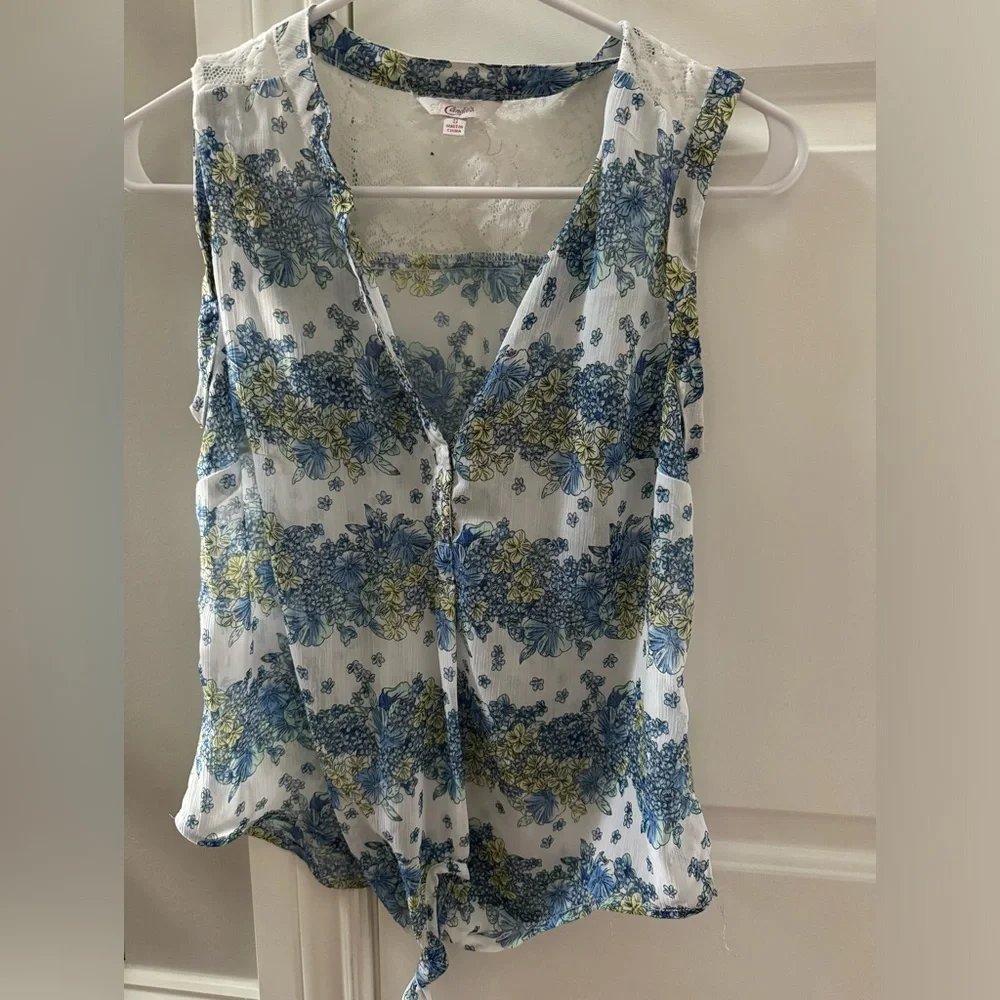 Candies tie bottom tank top blouse with blue and yellow flowers. - Picture 1 of 5